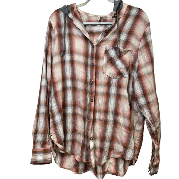 Mudd Tops - Mudd Plaid Print Hooded Casual Flannel Button Up Shirt Junior’s Size XXL
